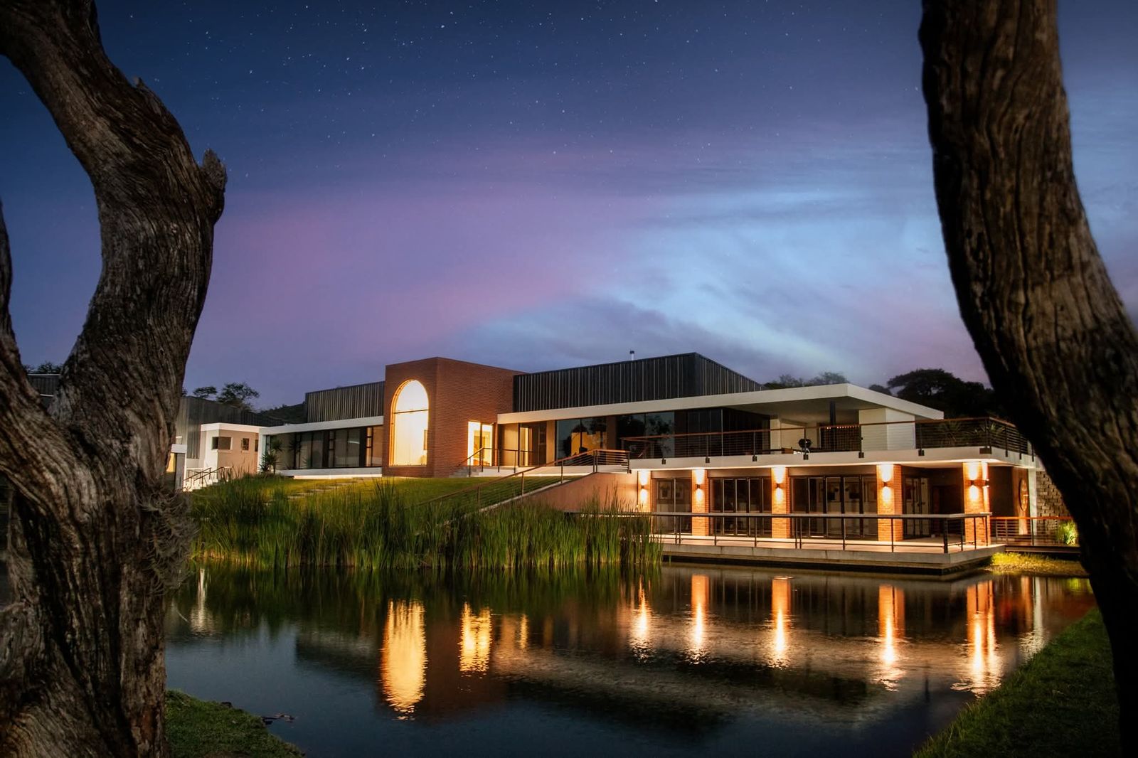 Insect Science building at night with lit walkways over the water