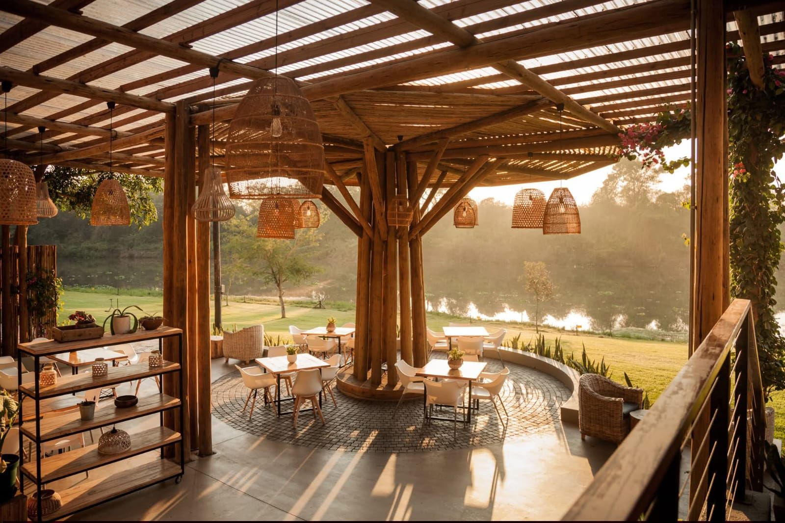 Covered deck seating overlooking the lawn