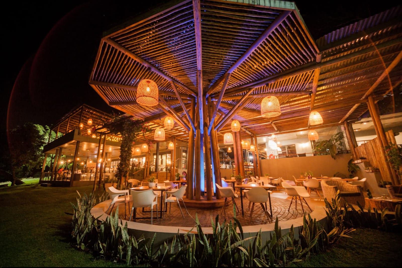 Restaurant deck built around a lit timber tree structure at night