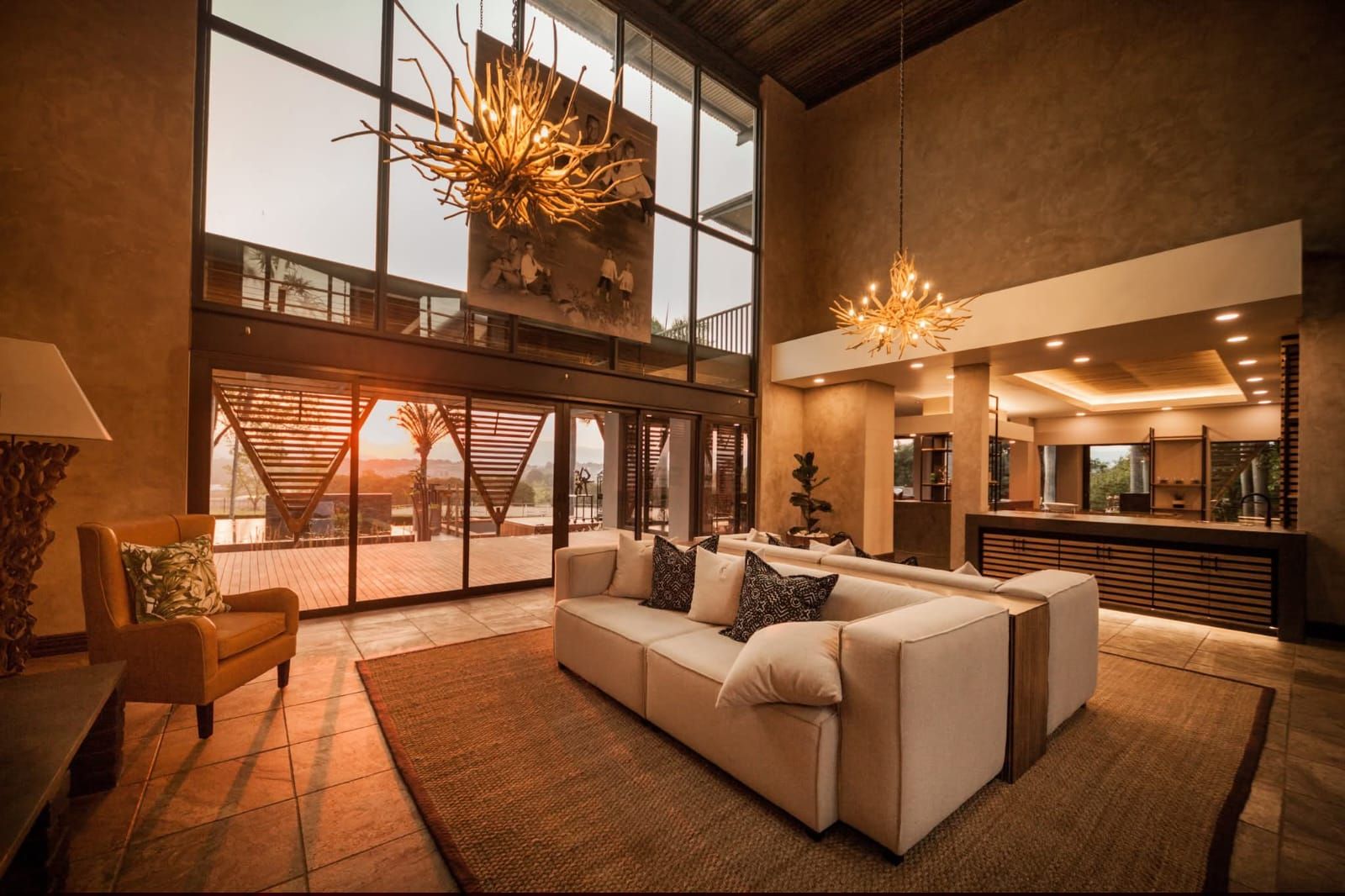 Double-volume lounge with feature lighting