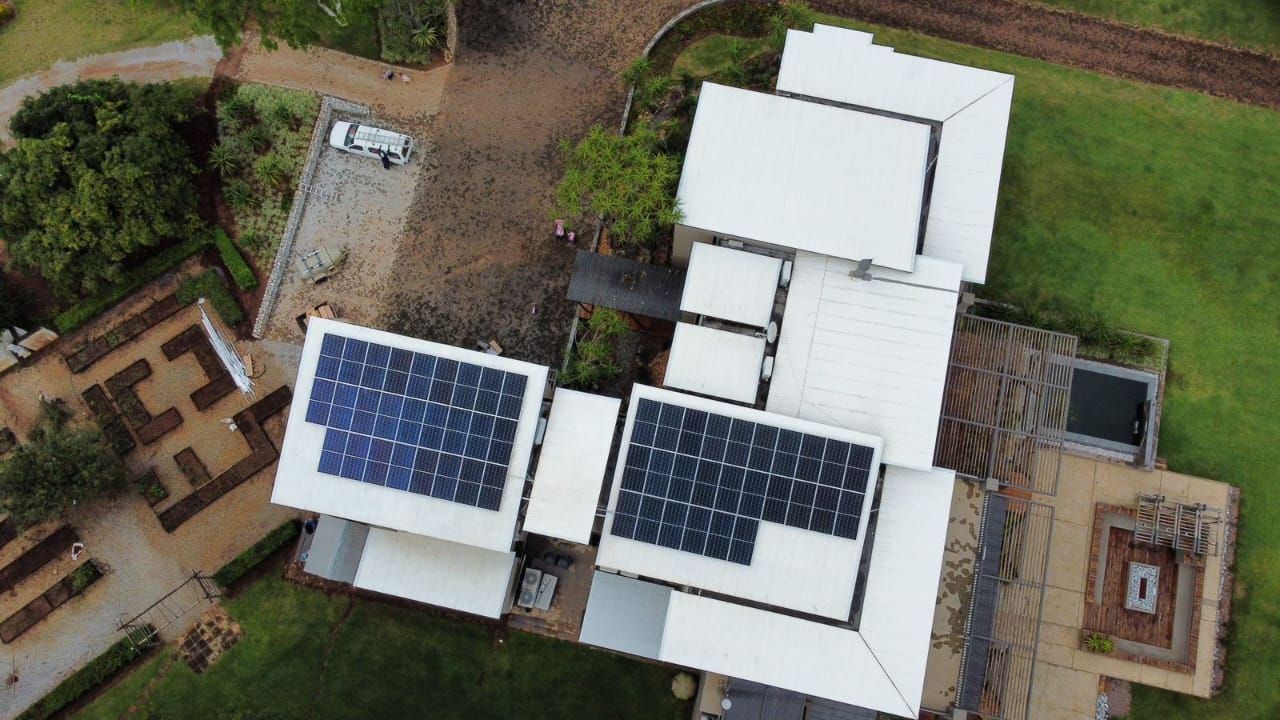 Aerial view of rooftop solar on a house